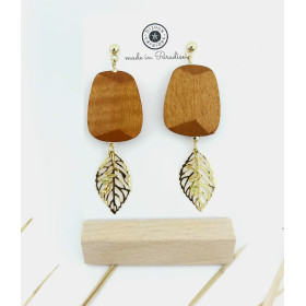 BOUCLES D'OREILLES BOIS FEUILLE HEMATITE ET VERRE
