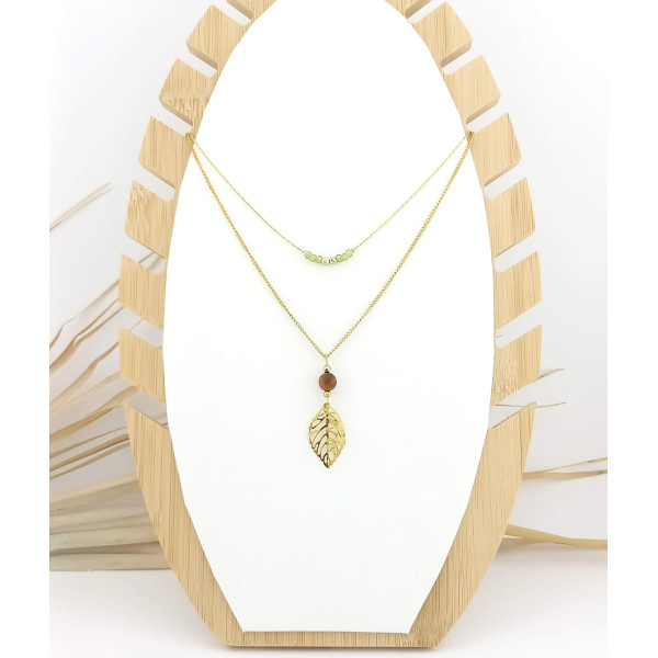 COLLIER DOUBLE FEUILLE HEMATITE BOIS DE SANTAL & VERRE