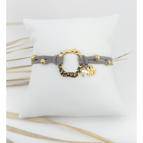 BRACELET ACIER DORE SUEDINE & PERLE D'EAU DOUCE