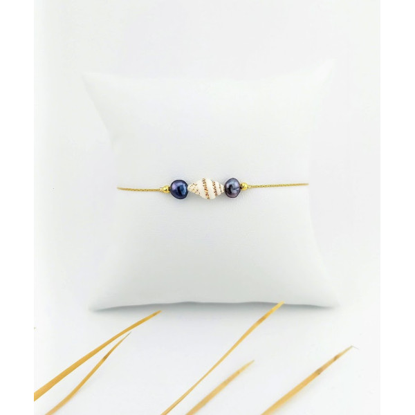 Bracelet 2 Perles d'eau douce noires & Coquillage