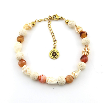 BRACELET COQUILLAGE AGATE ROSE ET PIERRE VOLCANIQUE