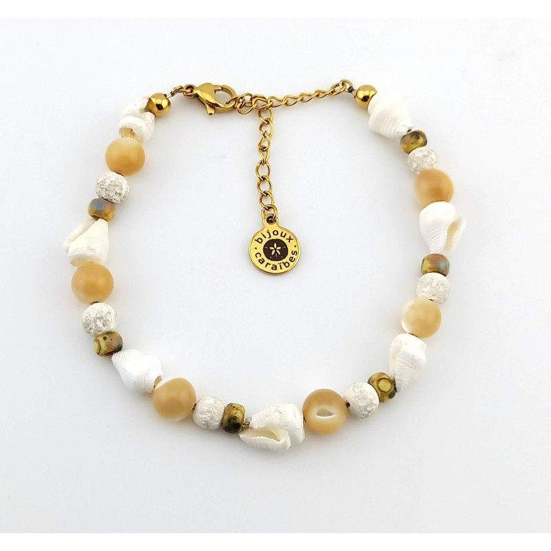 Bracelet COQUILLAGE NACRE PIERRE VOLCANIQUE ET VERRE