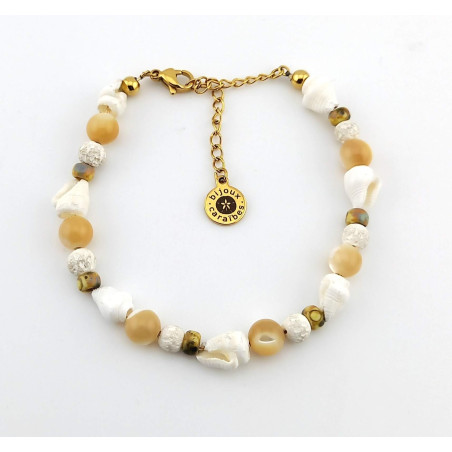 Bracelet COQUILLAGE NACRE PIERRE VOLCANIQUE ET VERRE
