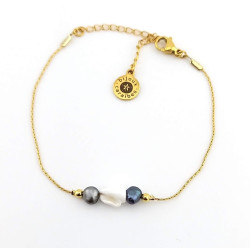 Bracelet 2 Perles d'eau douce noires & Coquillage