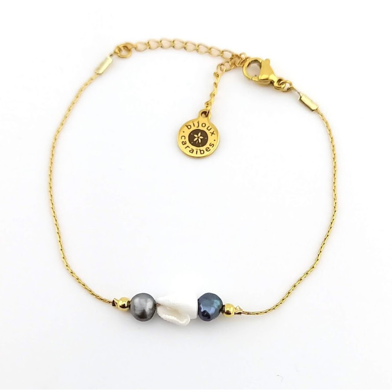 Bracelet 2 Perles d'eau douce noires & Coquillage