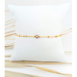 BRACELET PERLE D'EAU DOUCE NOIR CHAINE ACIER DORE POINTS ORANGES