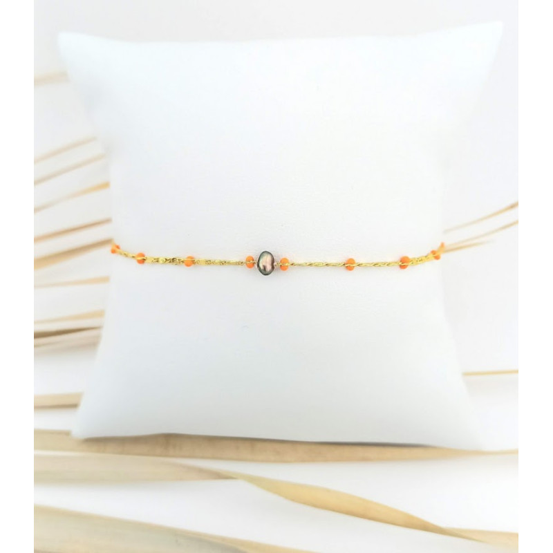 BRACELET PERLE D'EAU DOUCE NOIR CHAINE ACIER DORE POINTS ORANGES
